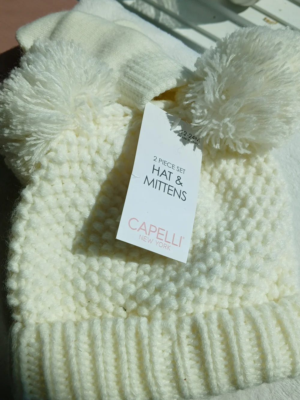 Capelli of New York Cream Knit Pom Pom Hat & Mittens Set - Baby 12-24 Months